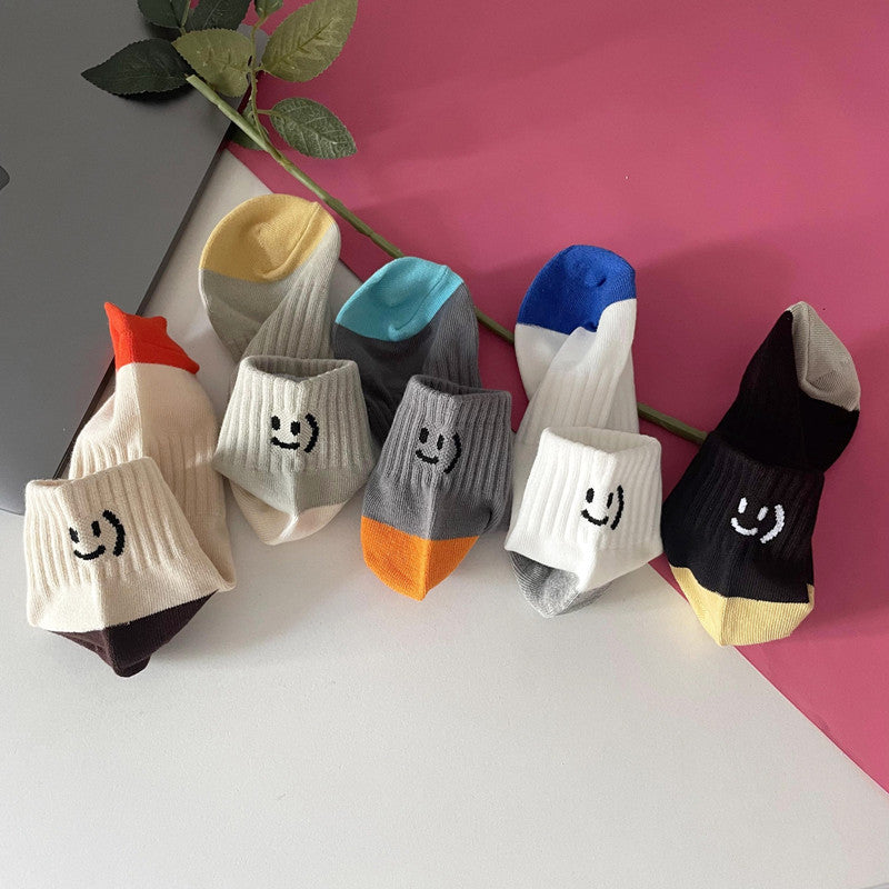 Color Block Smiley Face Short Cotton Socks 4Pairs KT3035