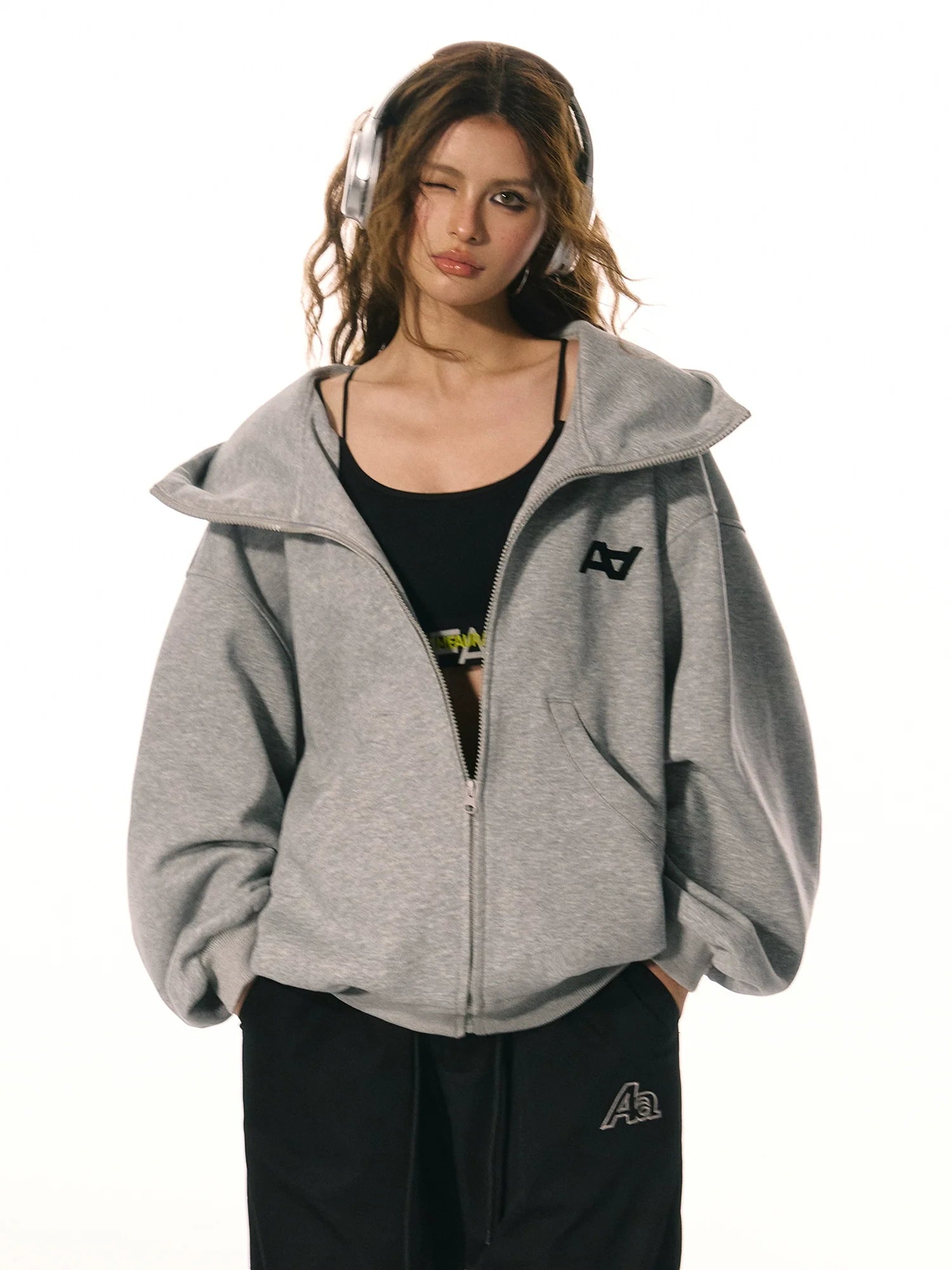 AcmeAura® American Retro Silhouette Hooded Grey Sweater Jacket KT3251