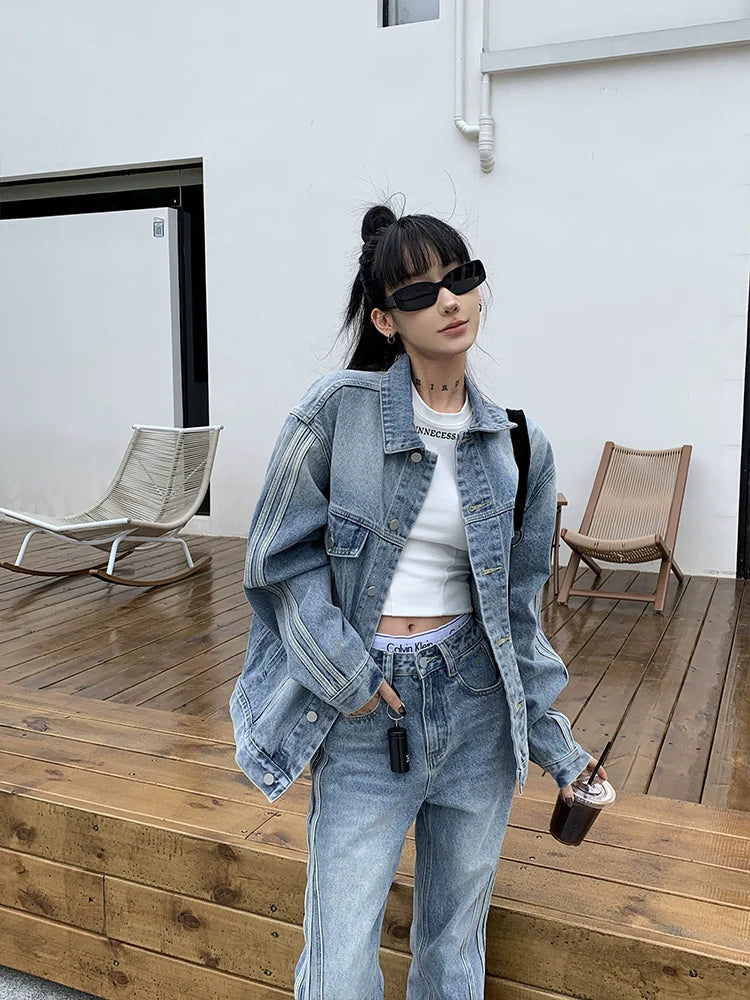 SFS 2 Pieces Denim Jacket + Casual Jeans Female Suit KT3168