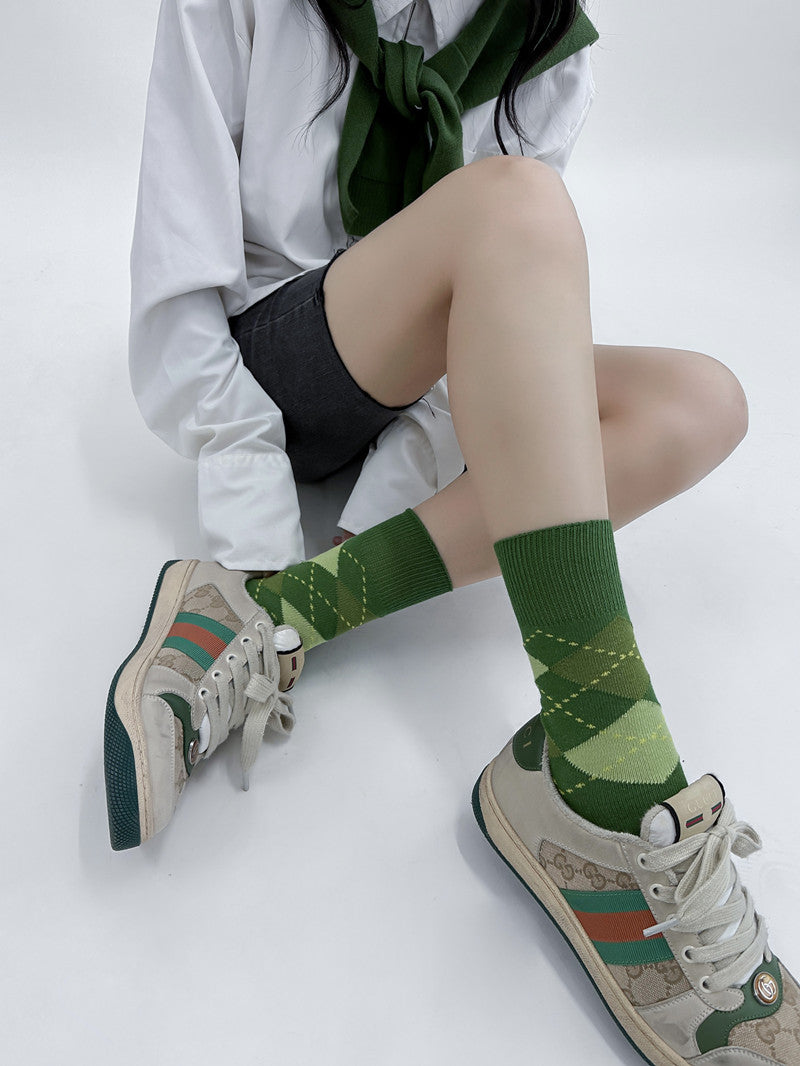 Spliced Color Contrast Pure Cotton Knee-High Socks 4Pairs KT3046