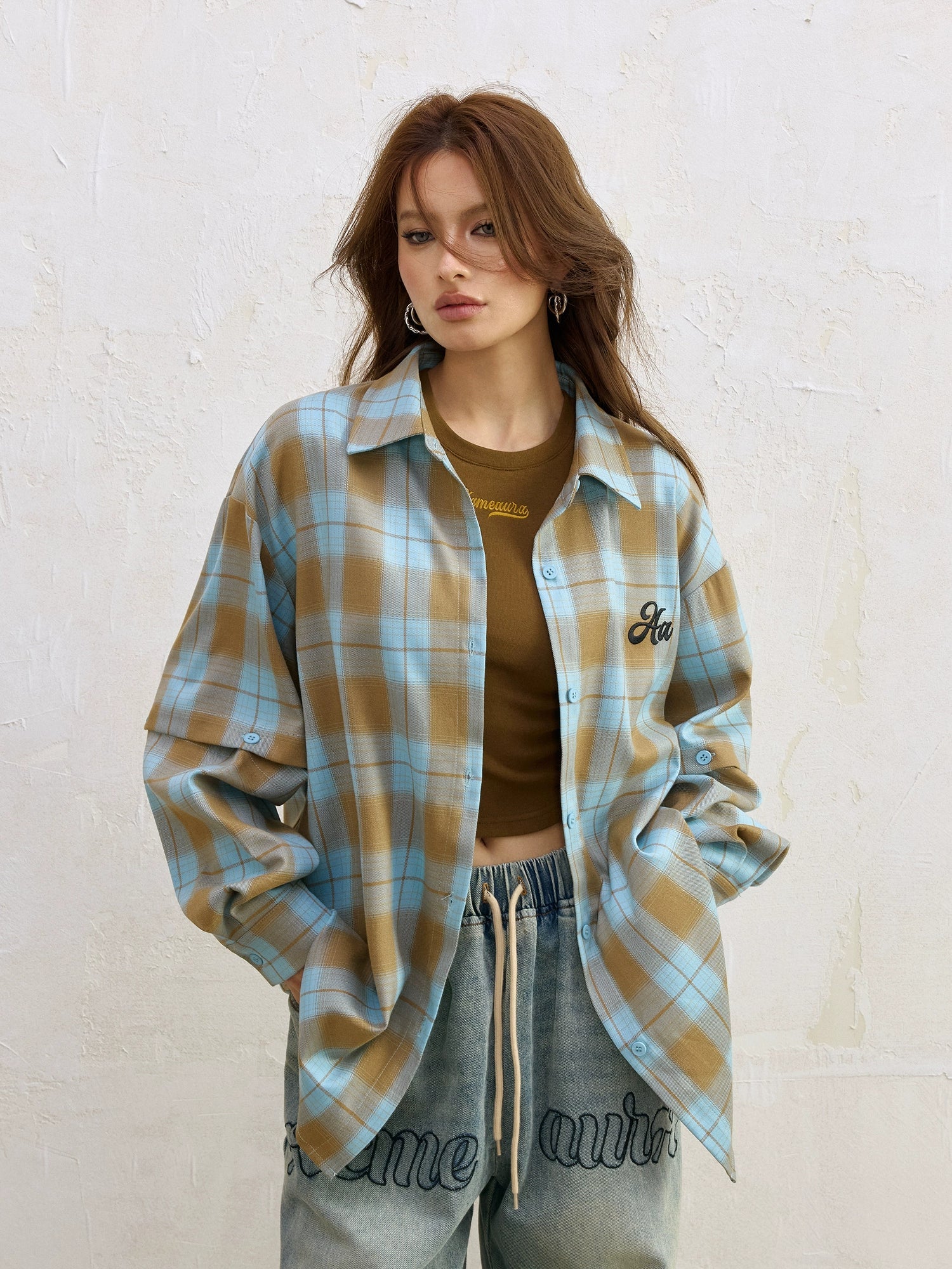 AcmeAura® Loose Casual Vintage Blue Checked Shirt KT3223
