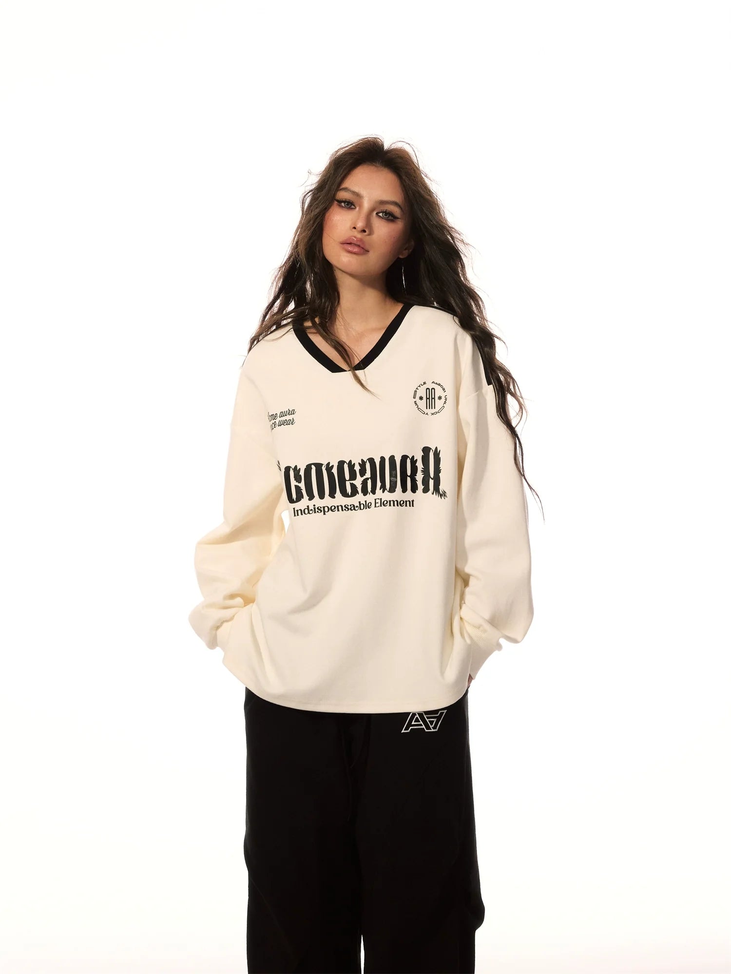 AcmeAura® Vintage College Style Neckline Contrast Printed Long Sleeve Sweater KT3247