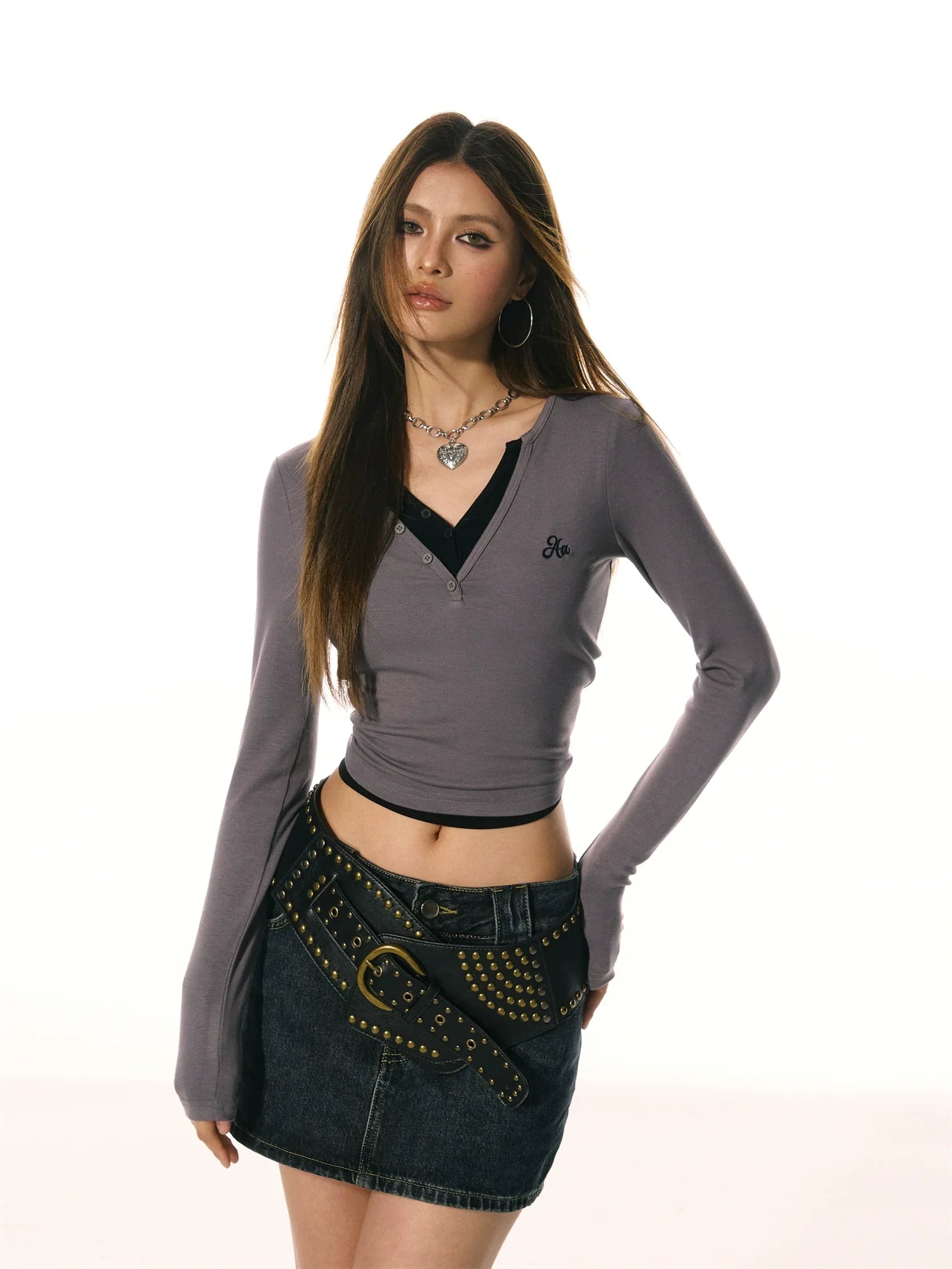 AcmeAura® Vintage Spice Girl Contrast Fake Two Pieces Big V-Neck Long Sleeve KT3260