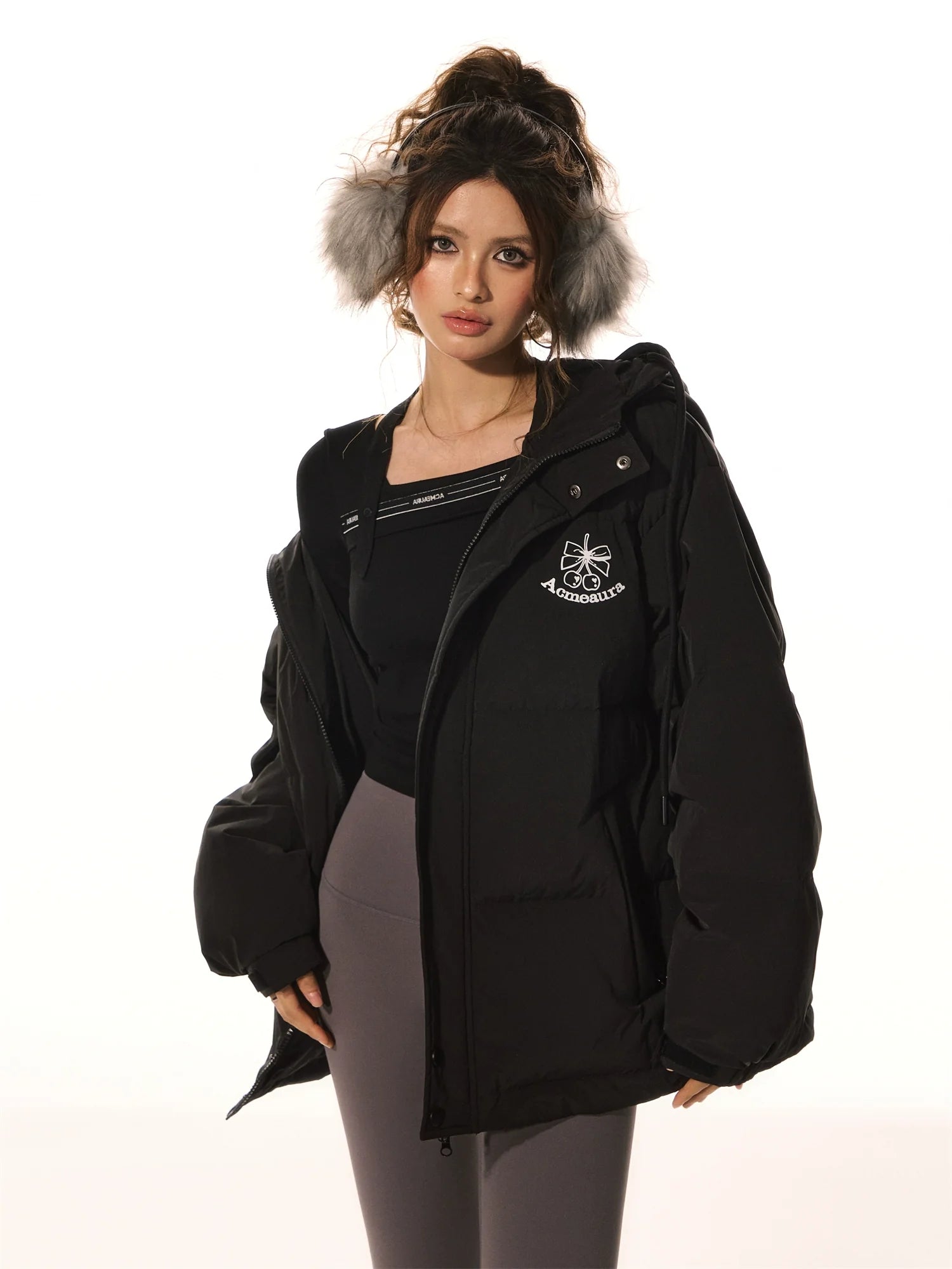 AcmeAura® American Retro Hooded Down Jacket Female Cherry Logo KT3253