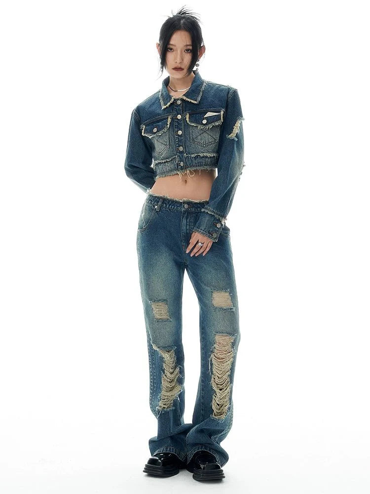 Denim Suit Short Jacket Ripped Pants Two-piece Set KT2929